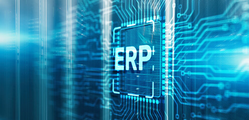 Enterprise Resource Planning ERP Corporate concept. Inscription on 3d Electronic Circuit Board Chip