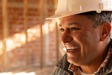 Smiling close-up portrait of latin construction engineer with white hard hat. Concept of successful construction worker.