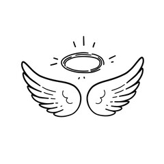 Vector illustration with angle wings and halo. Hand drawn angel wings vector art.  - 614875890