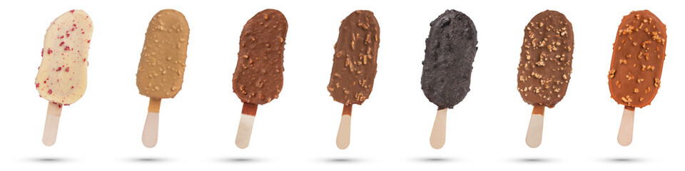 A set of ice cream with nuts of different varieties on a stick. Ice cream isolated on white...