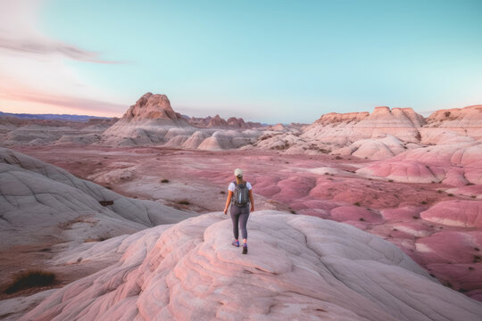 Female hiker in a colorful sandstone mountain landscape at sunset