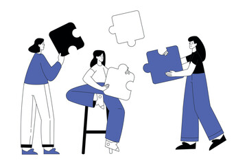 Business Process with Woman Character Team with Jigsaw Puzzle Vector Illustration