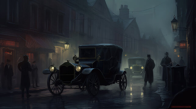 Fototapeta a sad illustration of an oldtimer car in night, concept artwork, ai generated image