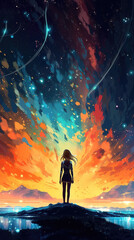 an impressive radiant shining sky at sunset with an anime girl standing in front, ai generated image