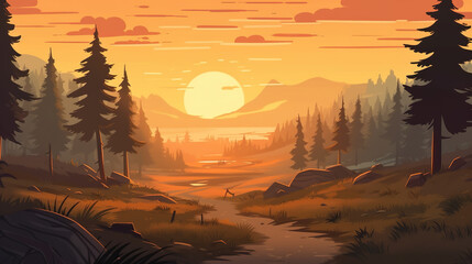 a beautiful landscape sunset illustration with a small river, ai generated image