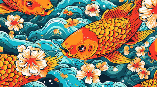 beautiful hawaiian inspired koi fish wallpaper artwork, ai generated image