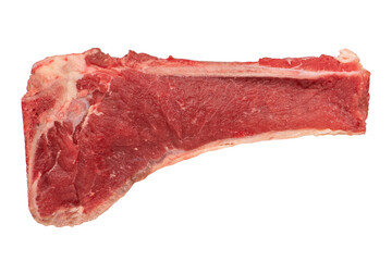 Beef meat with bone. Big piece of beef with bone isolated on white background. A piece of juicy beef, isolated on a white background, for insertion into a design or project. - obrazy, fototapety, plakaty