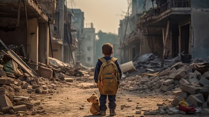 young boy walking on street of destroyed city, idea for children rights support, war victim, Generative Ai - obrazy, fototapety, plakaty