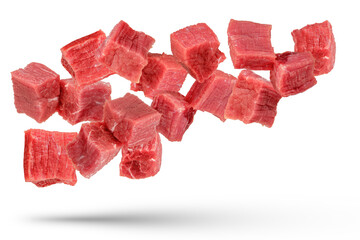 Pieces of raw beef. Set of fresh beef cubes isolated on white background. Isolate of beef cubes to insert into a design, project or for an advertising banner.