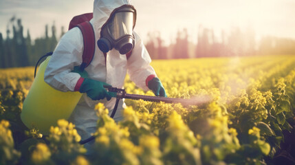 a worker or farmer in a protective suit and spray mask processes rows of plants in a field or garden. Insecticide and chemistry on a huge vegetable farm. Generative AI  - obrazy, fototapety, plakaty