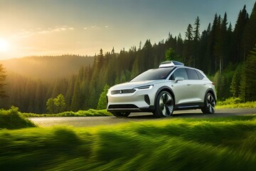 A futuristic self-driving car navigating a lush green forest with sunbeams filtering through the trees (1)