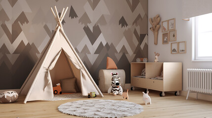 a children playing room mockup with an indian tent, ai generated image