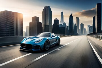 A high-performance sports car drifting on a race track surrounded by a dynamic cityscape with towering buildings (8)