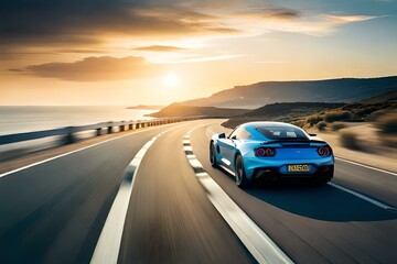 Fototapeta na wymiar A luxury sports car racing along a scenic coastal road with breathtaking ocean views