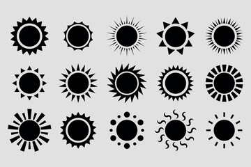 A collection of black sun icons. 15 pieces. Vector on gray background.