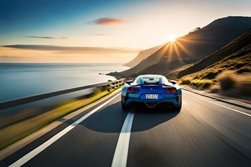 Obraz na płótnie Canvas A luxury sports car racing along a scenic coastal road with breathtaking ocean views