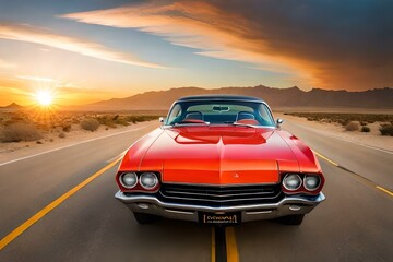 Plakat A retro muscle car speeding through a desert landscape with a dramatic sunset sky in the background.