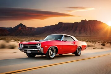 Obraz na płótnie Canvas A retro muscle car speeding through a desert landscape with a dramatic sunset sky in the background.