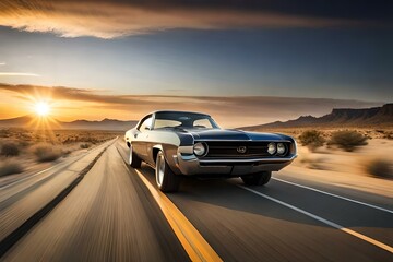 Fototapeta na wymiar A retro muscle car speeding through a desert landscape with a dramatic sunset sky in the background.