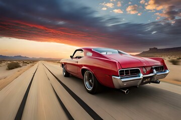 Fototapeta na wymiar A retro muscle car speeding through a desert landscape with a dramatic sunset sky in the background.