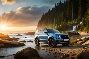 Obraz na płótnie Canvas A rugged off-road SUV conquering a rugged terrain with a picturesque waterfall and dense forest in the background.