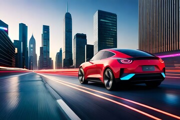A sleek electric car driving through a futuristic cityscape illuminated by colorful neon lights.