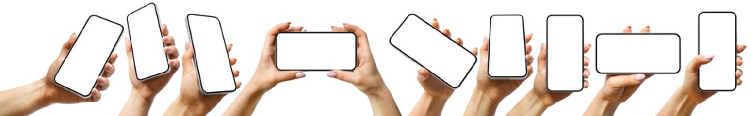 A set including a woman hand holding a generic modern smartphone with a blank screen in various...