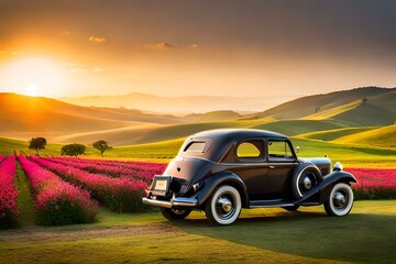 Fototapeta na wymiar A vintage car parked in a picturesque countryside landscape with rolling hills and vibrant flowers.