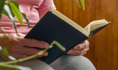 Old aged women hands reading book at home, cozy wooden house and plants