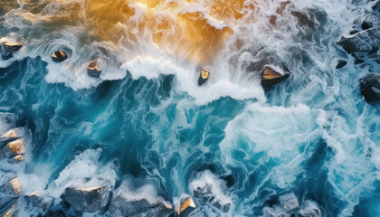 Arctic Waves and Foamy Sea on Icy Coastal Waters Aerial  Top View Drone Shot