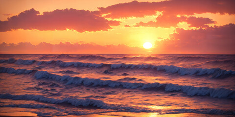 Fototapeta premium A sunset over the ocean with waves crashing on the shore and rocks in the foreground. Seascape illustration with sand beach, cloudy sky and setting sun. Generative AI