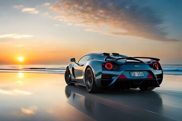 An exotic supercar parked in front of a stunning sunset on a tropical beach.