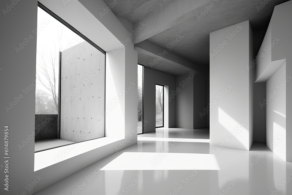 Poster empty room with white walls and windows. generative ai
