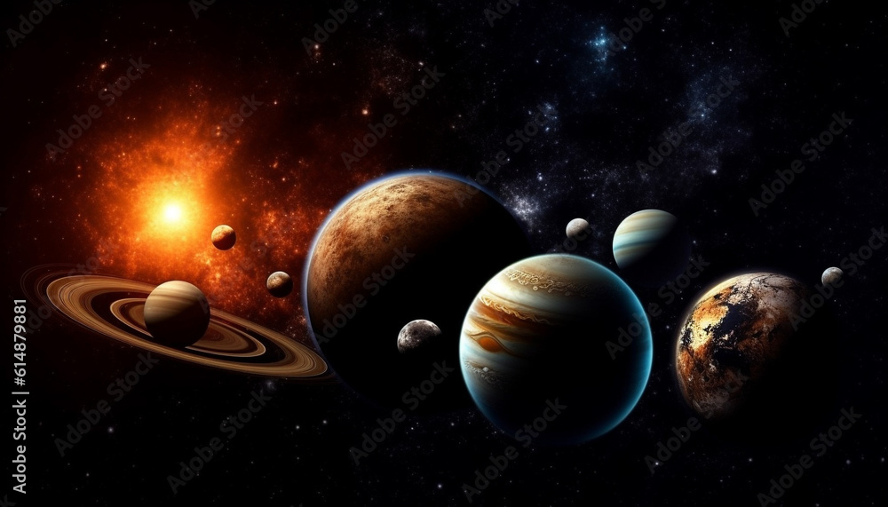 Poster satellite orbiting dark sphere in glowing nebula of outer space generated by ai