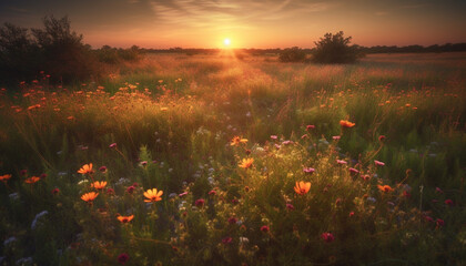 Tranquil sunset over vibrant meadow, wildflowers bloom in nature beauty generated by AI