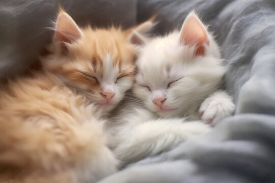  cute kittens sleeping in woolen blankets, soft focus, dreamy atmosphere, adorable animals .generative AI