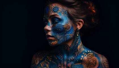 Naklejka premium One woman beauty shines in a dark, creative fantasy world generated by AI