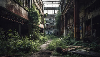 The spooky old warehouse, a rusty vanishing point of industry generated by AI