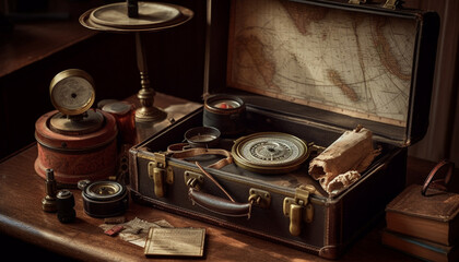 Fototapeta na wymiar Antique leather suitcase holds old literature collection, a nostalgic journey generated by AI