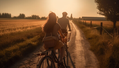 A carefree couple embraces beauty while cycling in nature meadow generated by AI