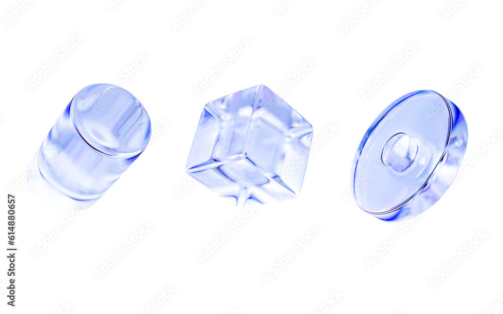 Poster 3d cylinder, cube and ring with detailed reflection and dispersion on isolated background. 3d render