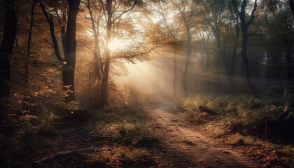 A foggy autumn morning, the forest mystery revealed at dawn generated by AI