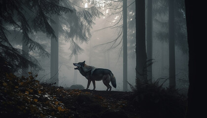 A spooky wolf howling in the dark autumn forest generated by AI