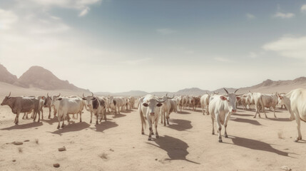 cows walk on dry land in search of fresh water due to lack of rain, the effects of drought and global climate change, generative AI. 