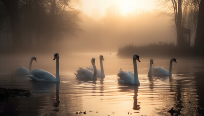 A graceful swan swims in tranquil waters at dawn generated by AI