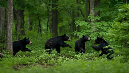 Obraz na płótnie Canvas Playful panda cub running through green forest with bear family generated by AI