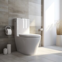 Naklejka na ściany i meble Bathroom interior with new ceramic toilet bow in a panoramic window bathroom. generative ai