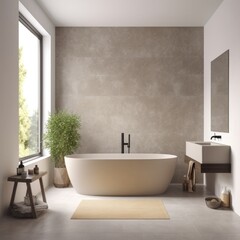 Naklejka na ściany i meble White wood bathtub with water standing on a wooden floor in a panoramic window bathroom. generative ai