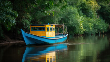 Fototapeta premium A tranquil scene of a fishing boat on a reflective pond generated by AI