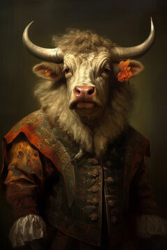 An anthropomorphic bull in a renaissance painted style.